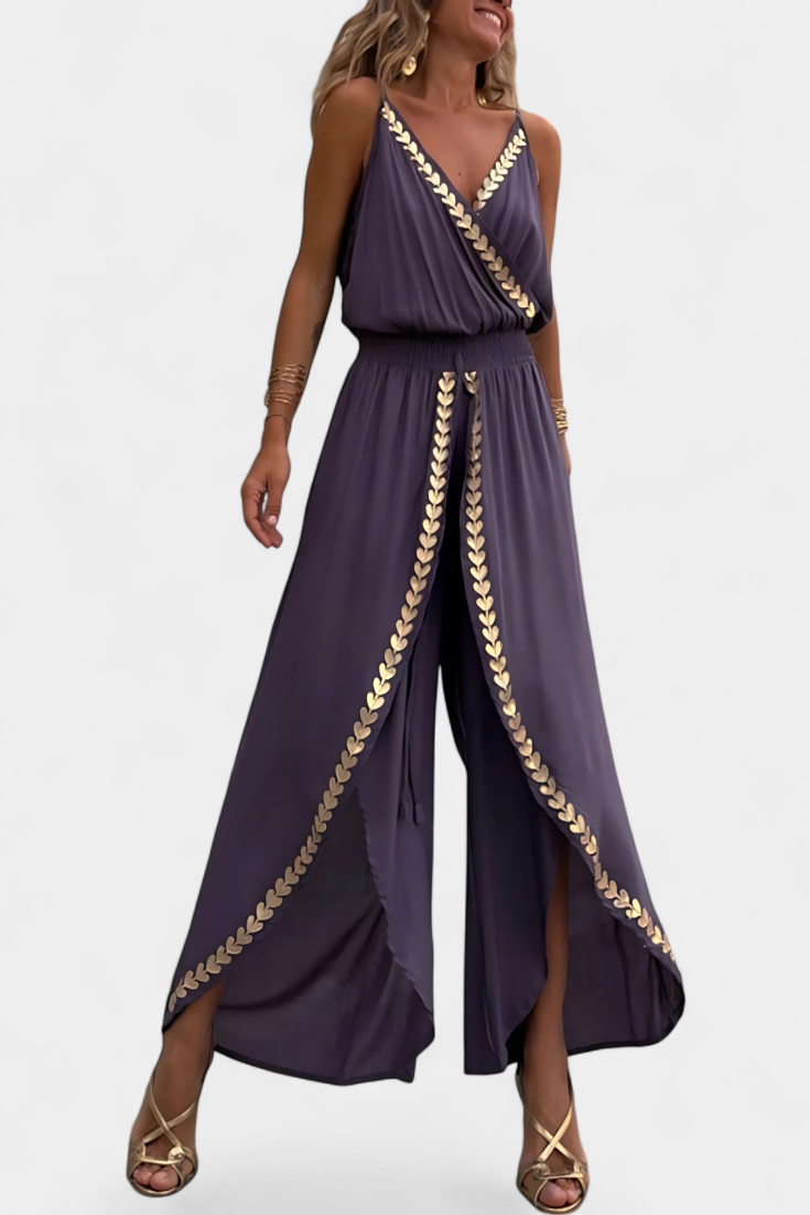 One-Piece Jumpsuit with Gold Details and Open Legs