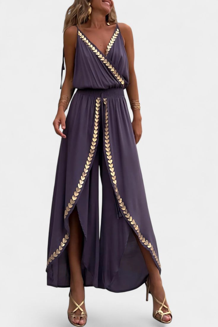 One-Piece Jumpsuit with Gold Details and Open Legs
