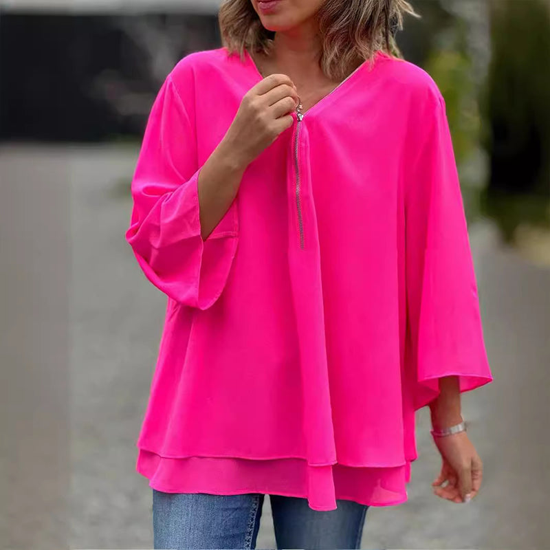 Blouse with Zipper and V-Neck