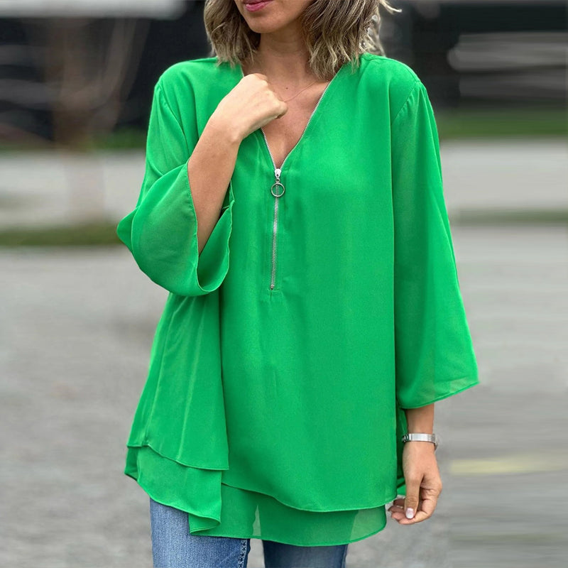 Blouse with Zipper and V-Neck