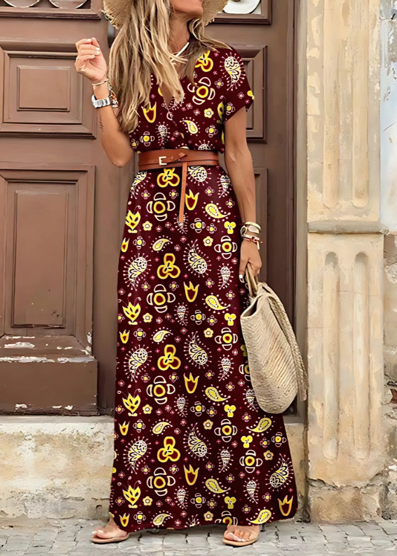 Bohemian Maxi Dress with Pleated Waist