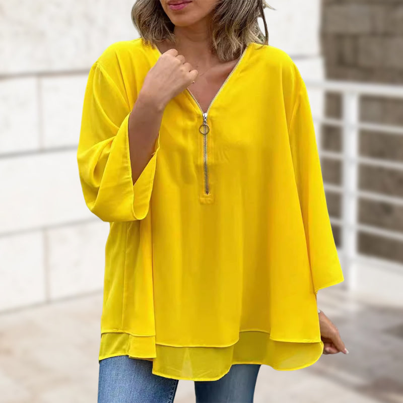 Blouse with Zipper and V-Neck