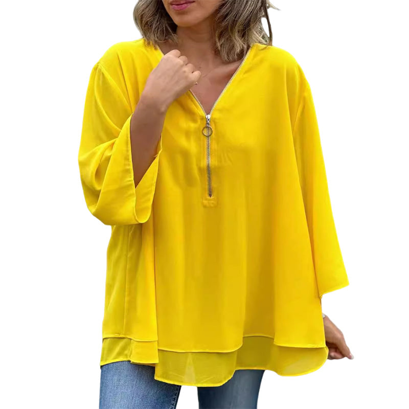 Blouse with Zipper and V-Neck