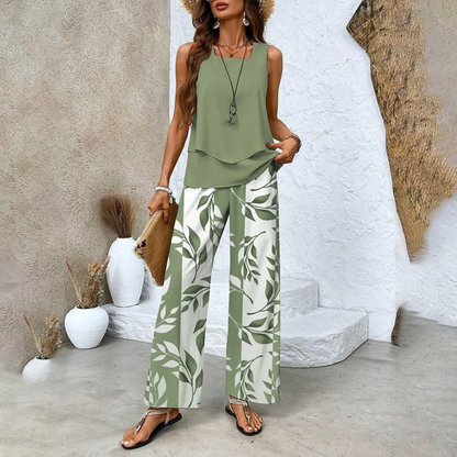 Two-piece outfit: sleeveless top and wide-leg trousers