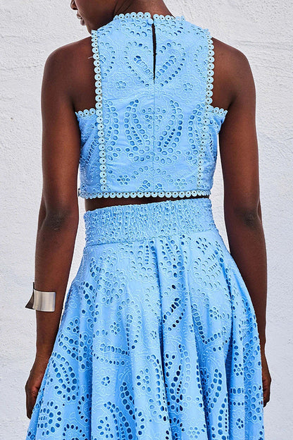 Boho set with broderie anglaise, cropped top, and pockets