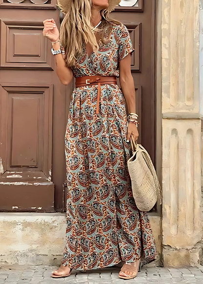 Bohemian Maxi Dress with Pleated Waist