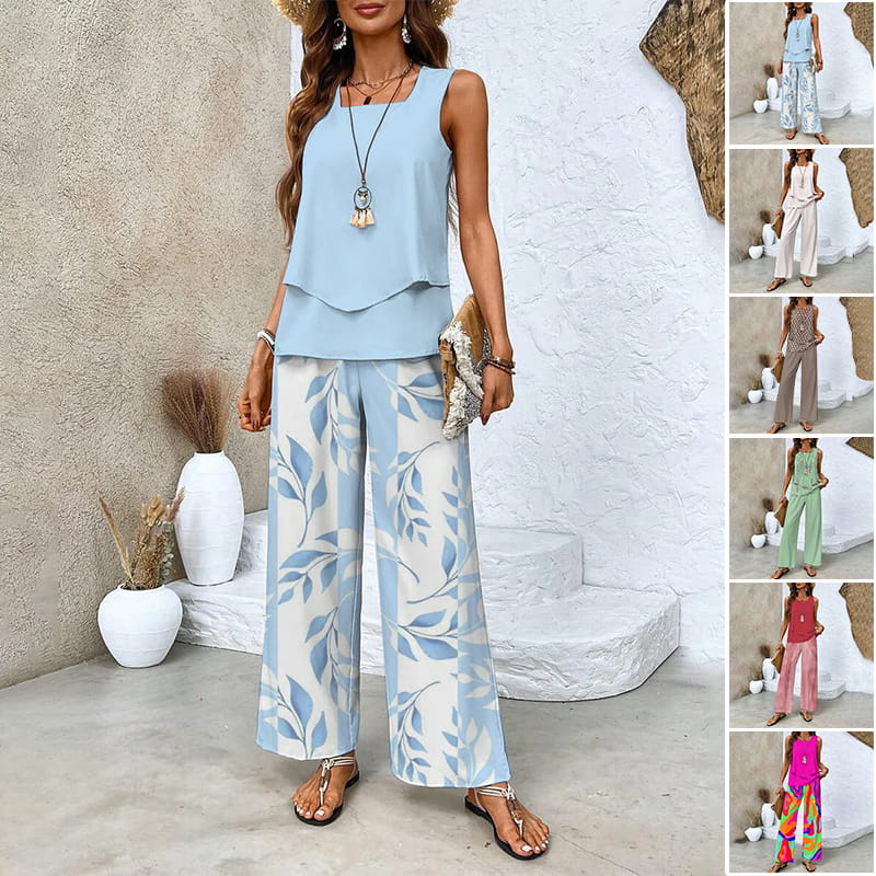 Two-piece outfit: sleeveless top and wide-leg trousers