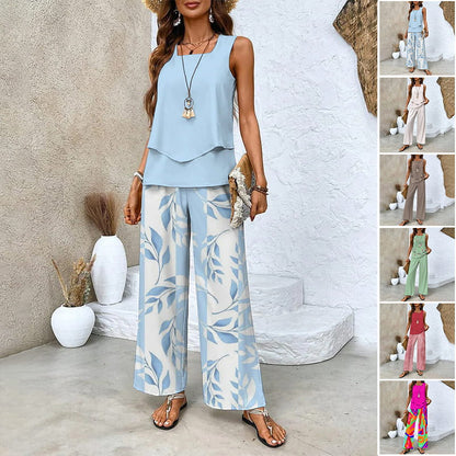 Two-piece outfit: sleeveless top and wide-leg trousers