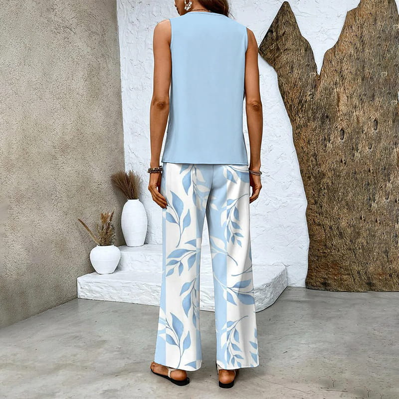 Two-piece outfit: sleeveless top and wide-leg trousers