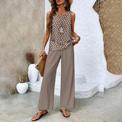 Two-piece outfit: sleeveless top and wide-leg trousers