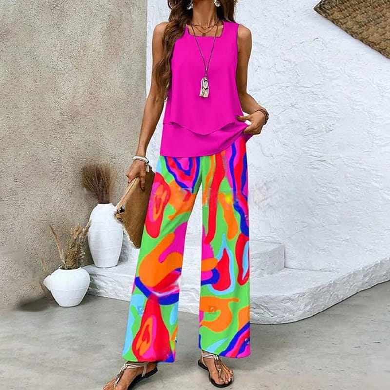 Two-piece outfit: sleeveless top and wide-leg trousers