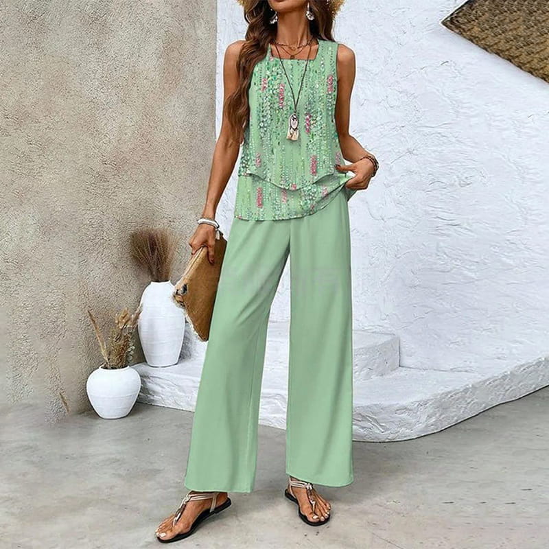 Two-piece outfit: sleeveless top and wide-leg trousers