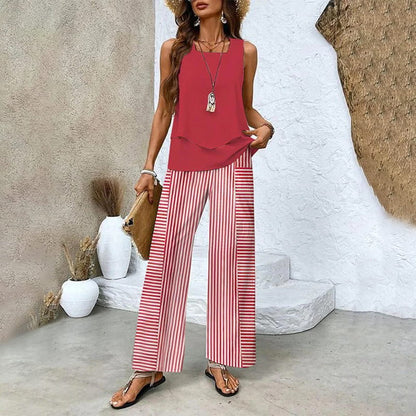 Two-piece outfit: sleeveless top and wide-leg trousers