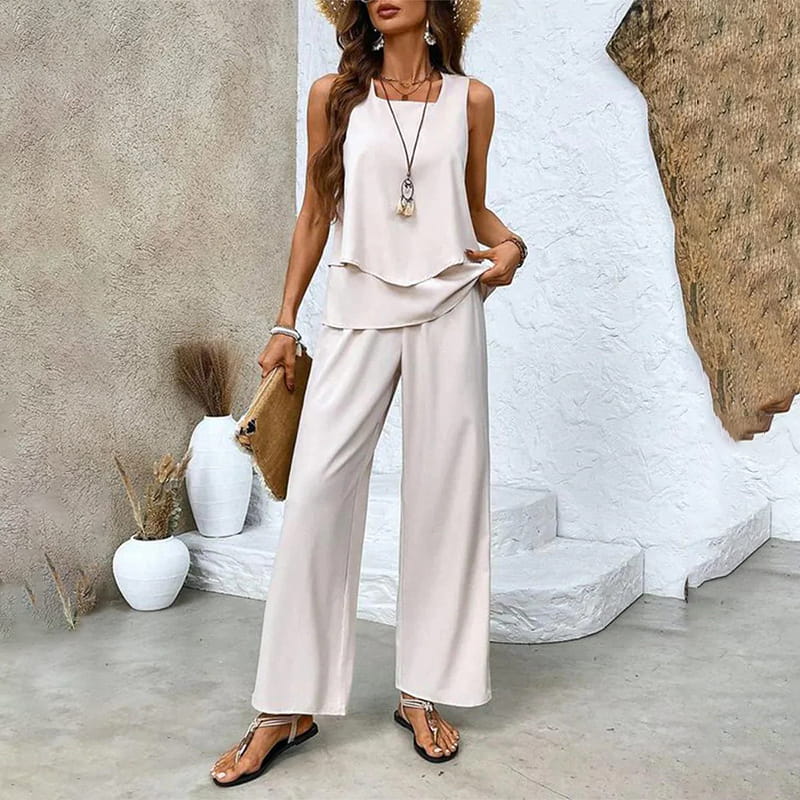 Two-piece outfit: sleeveless top and wide-leg trousers